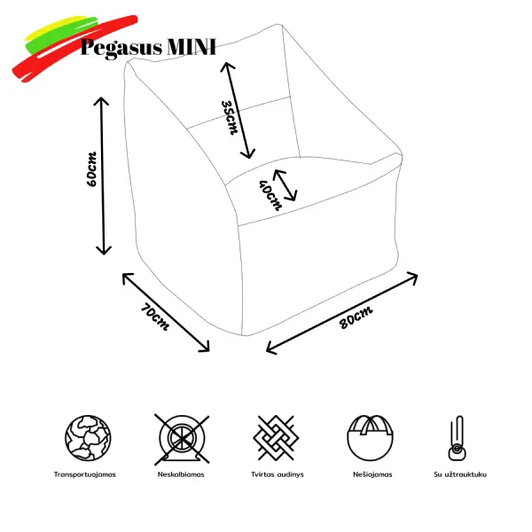 Pegasus mini sėdmaišio išmatavimai 600x600